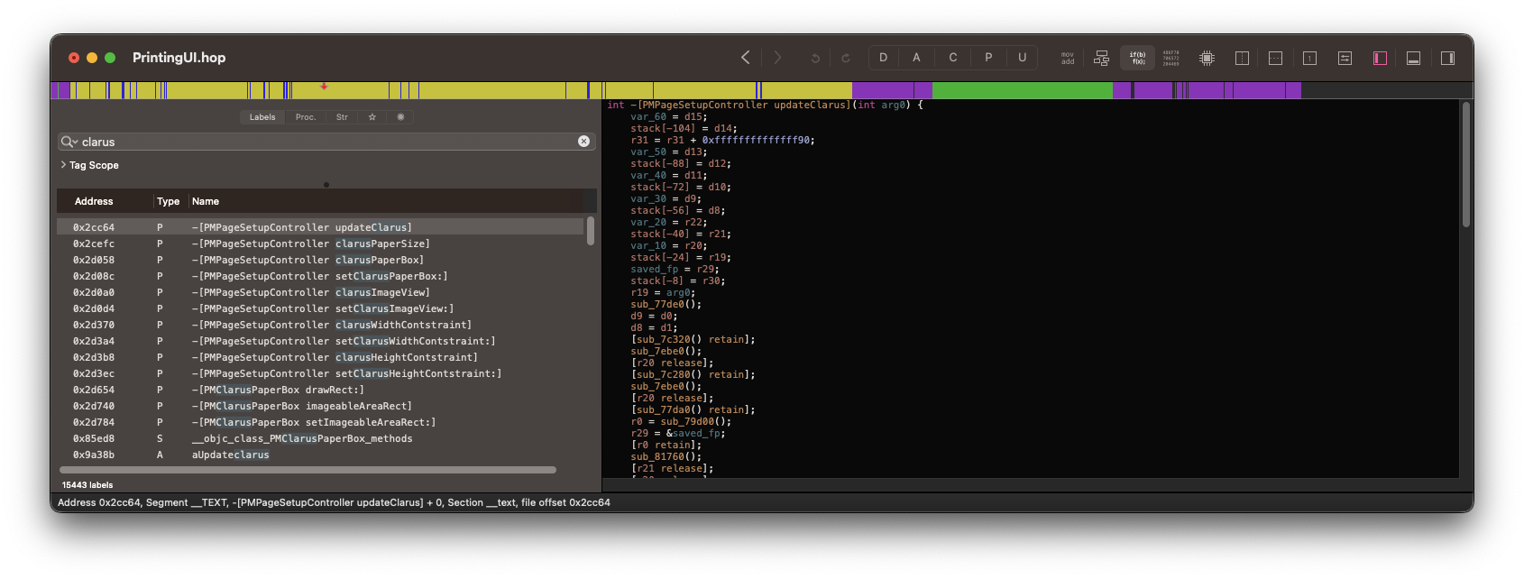 The PrintingUI binary in Hopper with the search panel showing a bunch of methods with 'clarus' in the name