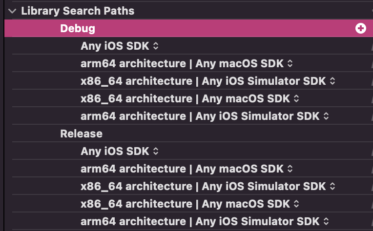 The Library Search Paths setting in Xcode showing values for all platform and architecture combinations