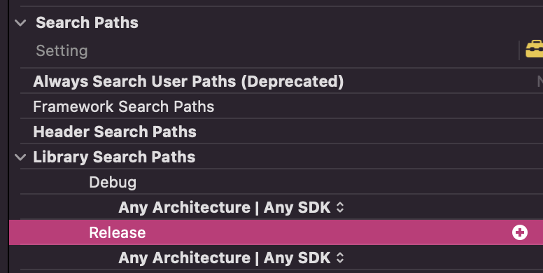 The Library Search Paths setting in Xcode showing empty values under Debug and Release