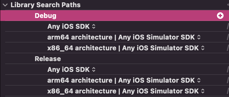 The Library Search Paths setting in Xcode showing values for any iOS SDK, and for arm64 and x86_64 variants of the simulator SDK